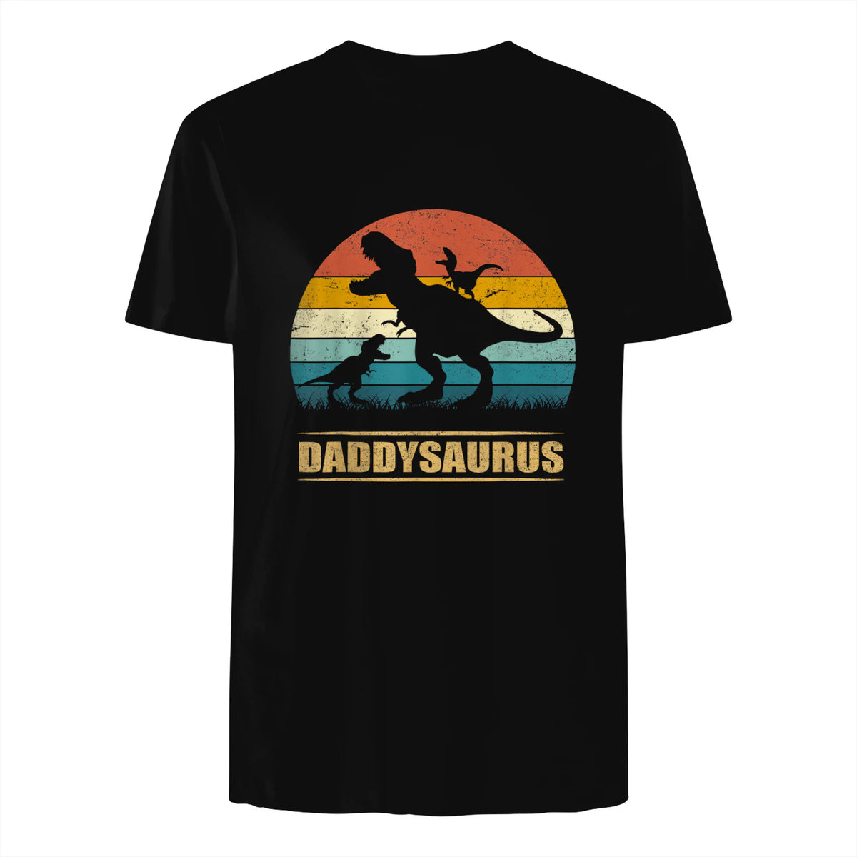 Daddy Dinosaur Daddysaurus Two Kids Funny Father's Day T-Shirt in Black - back view