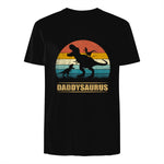 Daddy Dinosaur Daddysaurus Two Kids Funny Father's Day T-Shirt in Black - back view
