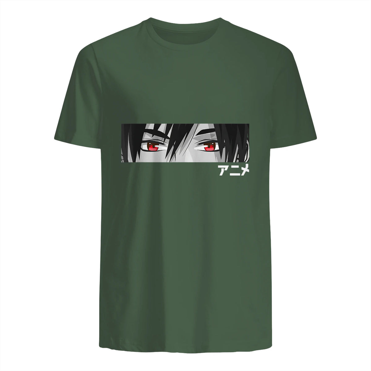 Anime in Japanese Characters Kawaii Eyes Face Short Sleeve in Military Green - back view