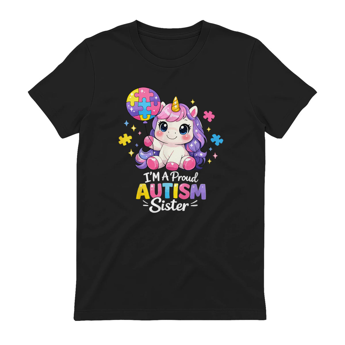 Proud Sister Autism Awareness Cute Unicorn Puzzle Girls in Black - back view