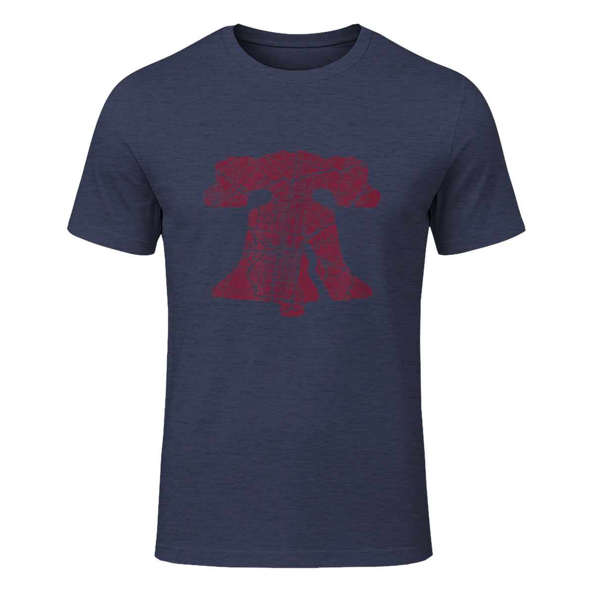Philadelphia Street Map Liberty Bell Vintage Maroon Philly T-Shirt in Heather Navy - front view