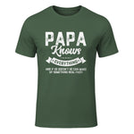Papa Knows Everything Funny Father's Day Gift T-Shirt in Military Green - front view