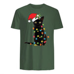 Santa Black Cat Tangled Up In Christmas Tree Lights Holiday in Military Green - back view