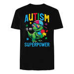 Kids Autism is My Superpower Dino Trex ASD Awareness Boys Kids in Black - back view