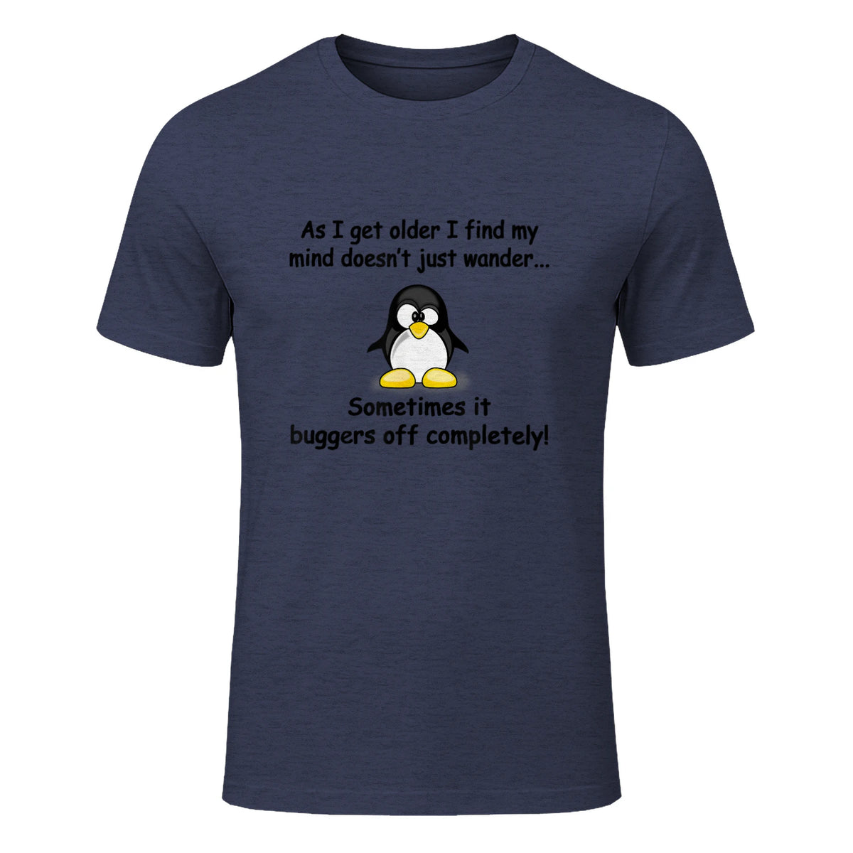 Funny silly penguin t-shirt mens ladies retirement gift in Heather Navy - front view