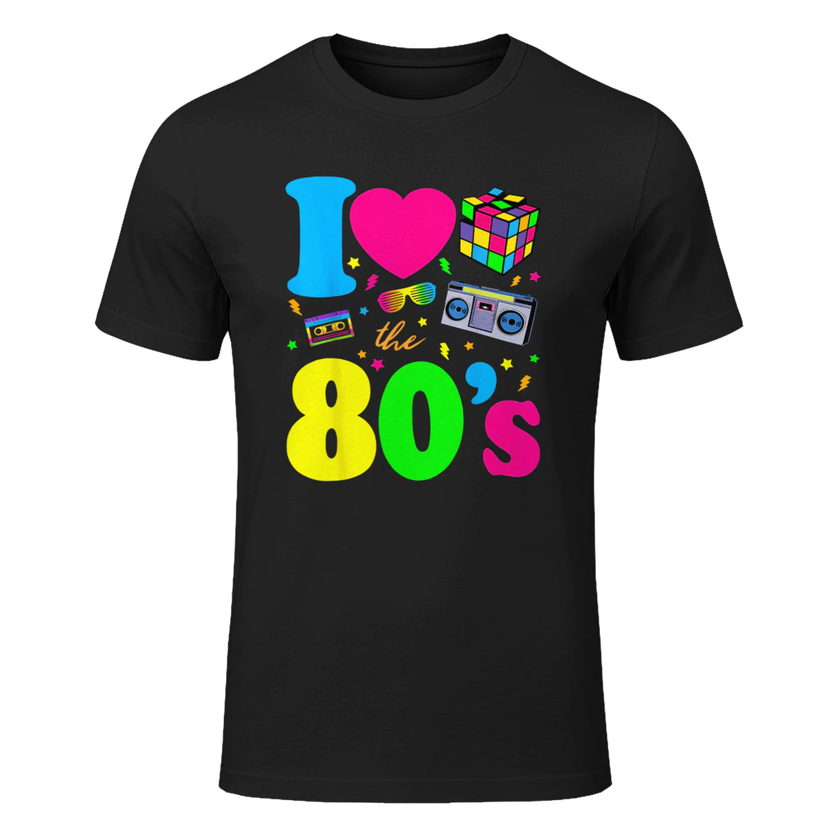I Love the Eighties Classic Nostalgia T-Shirt in Black - front view