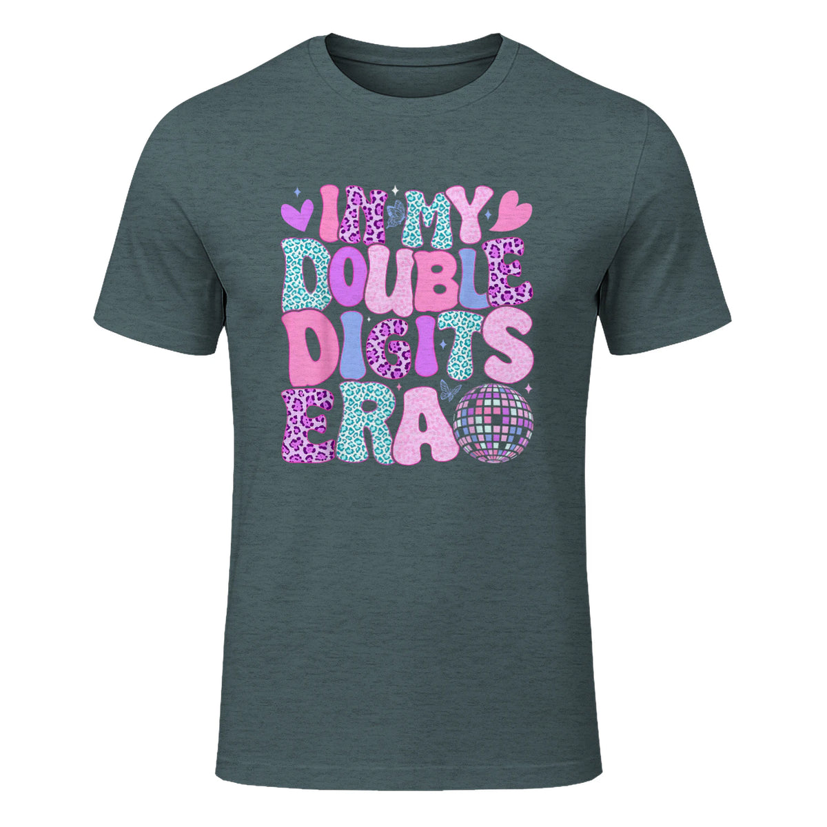 In My Double Digits Era Tenth Birthday Girl T-Shirt in Dark Heather - front view