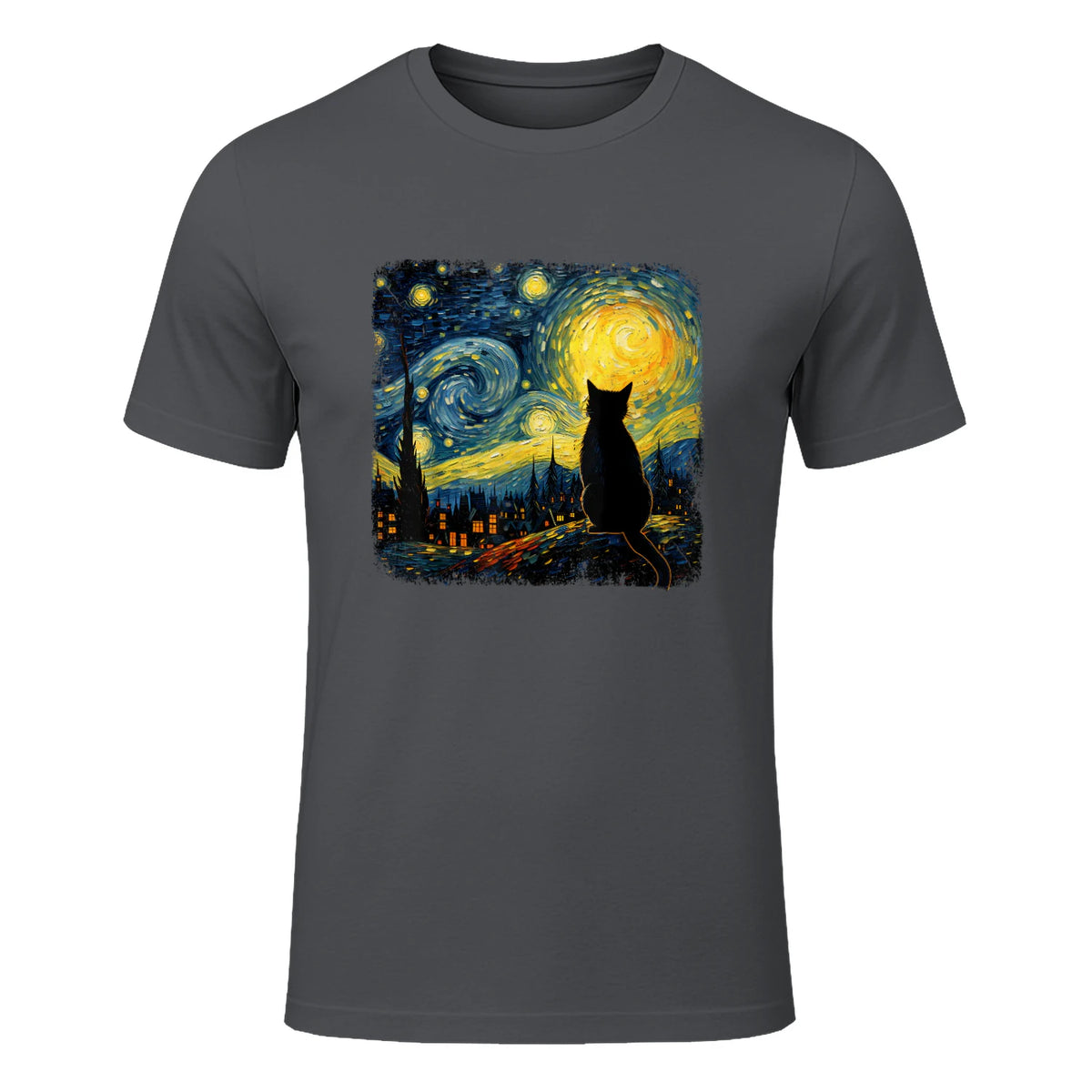 Starry Night Cat Lover T-Shirt in Charcoal - front view
