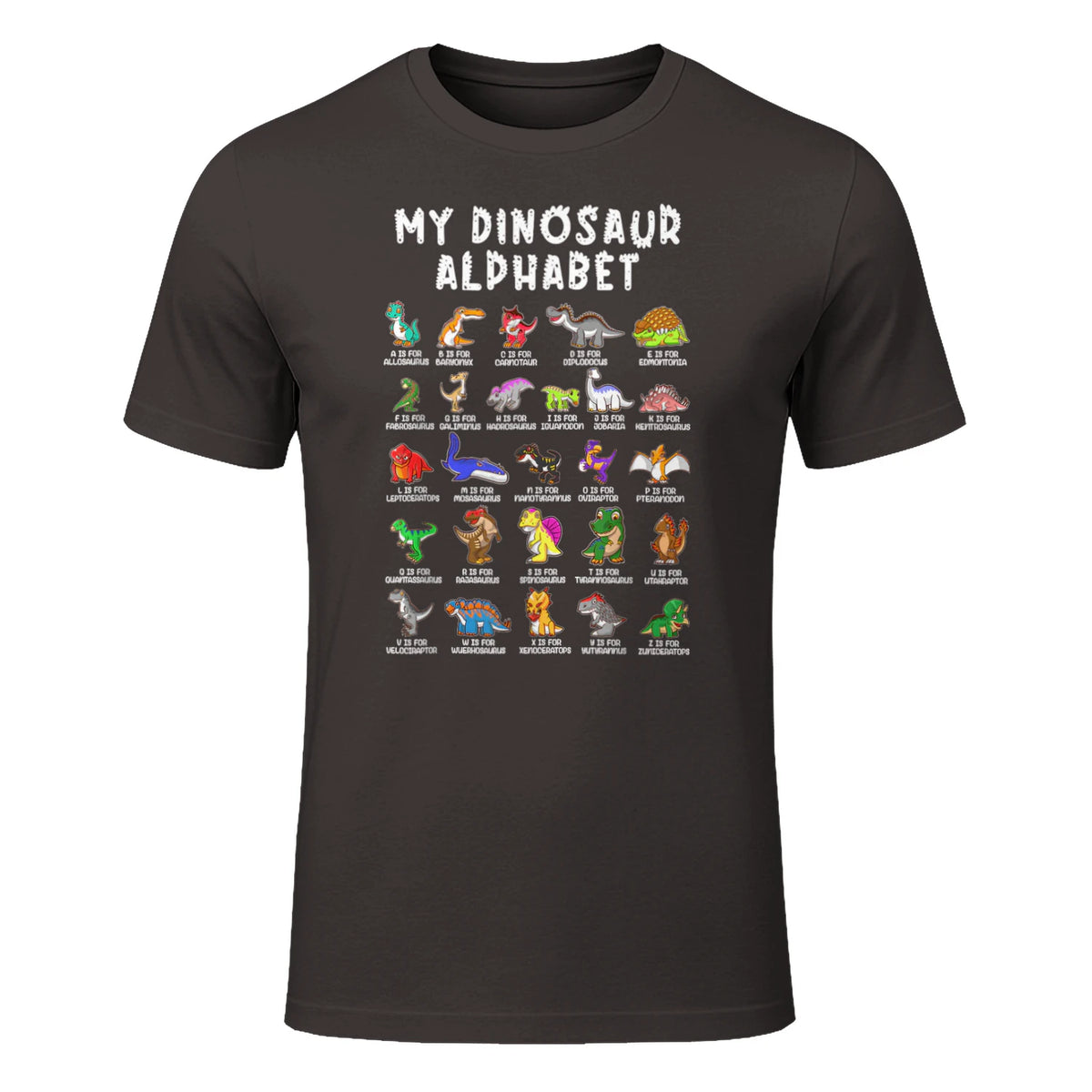 Types Of Dinosaurs Alphabet Dino Identification T-Shirt in Dark Chocolate - front view