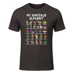 Types Of Dinosaurs Alphabet Dino Identification T-Shirt in Dark Chocolate - front view