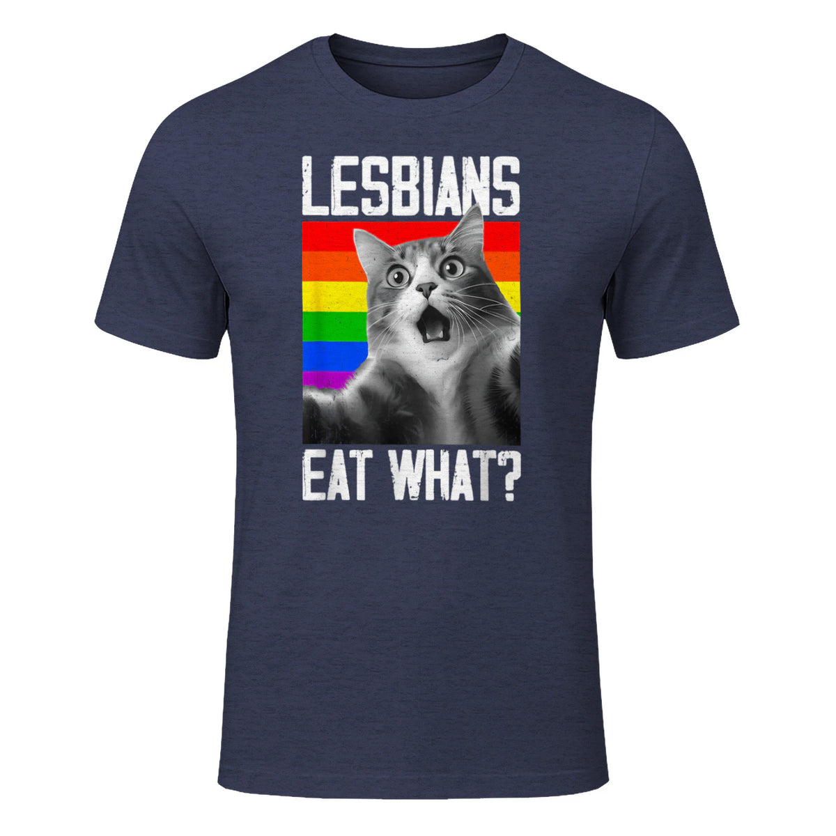 Lesbians Eat What? LGBT Lesbian Girlfriend Funny Cat Gift T-Shirt in Heather Navy - front view