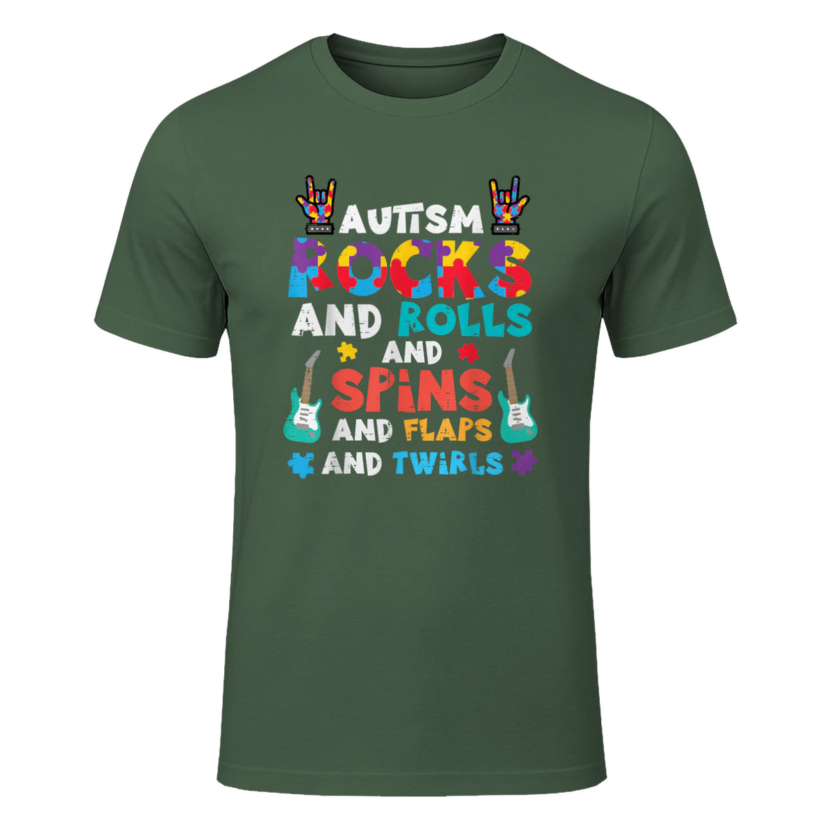 Autism Rocks Rolls Spins Flaps Awareness Boys Kids Women Men in Military Green - front view