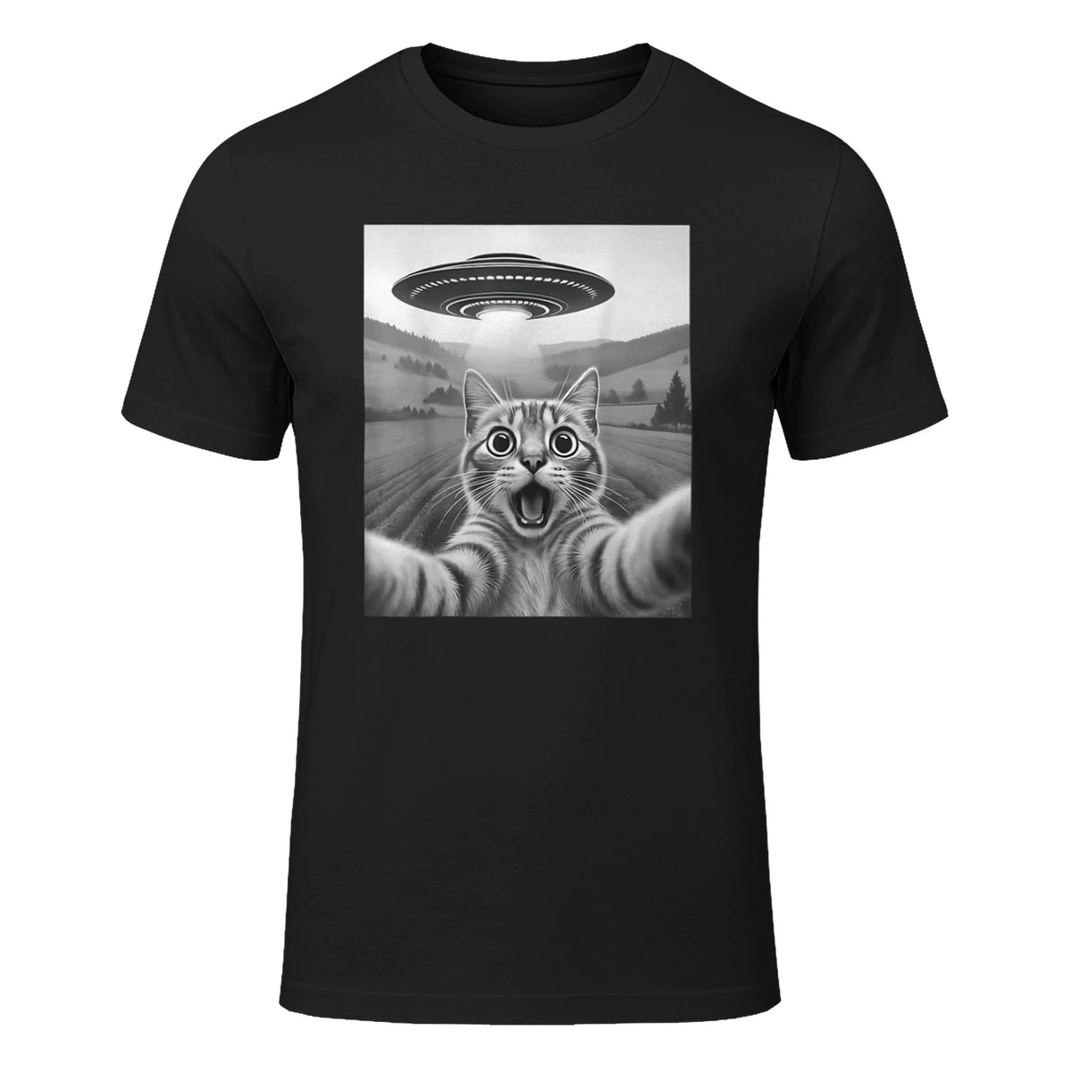 Cat Selfie with Alien UFO Funny Cat Gifts for Men Women Kids T-Shirt in Black - front view