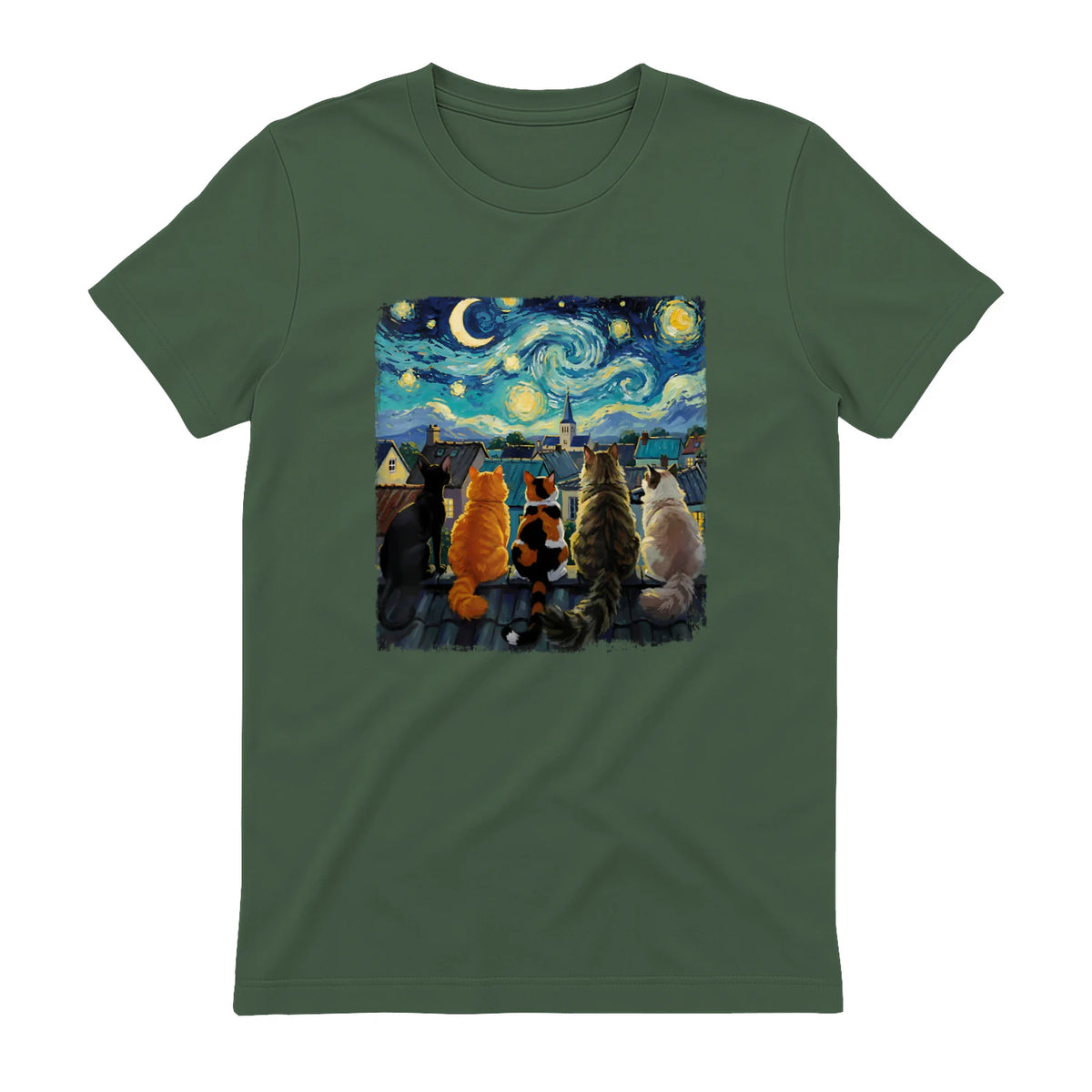 Funny Cat Starry Night Van Gogh Cats Rooftop Scene Feline T-Shirt in Military Green - back view