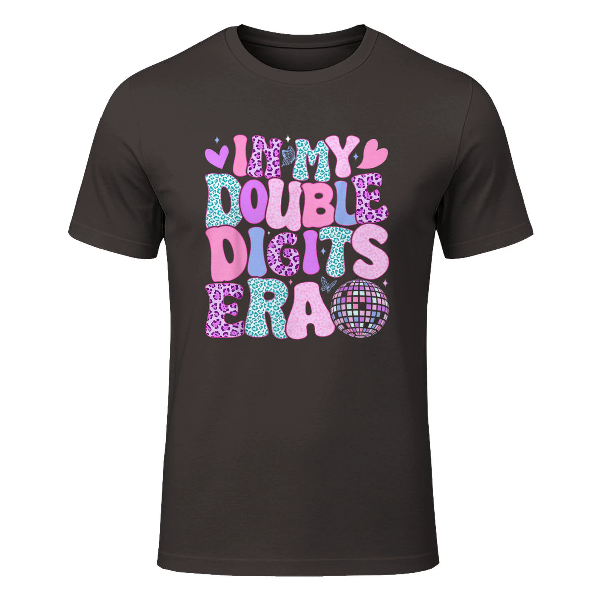 In My Double Digits Era Tenth Birthday Girl T-Shirt in Dark Chocolate - front view
