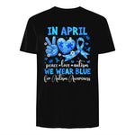 In April We Wear Blue Autism Awareness T-Shirt in Black - back view