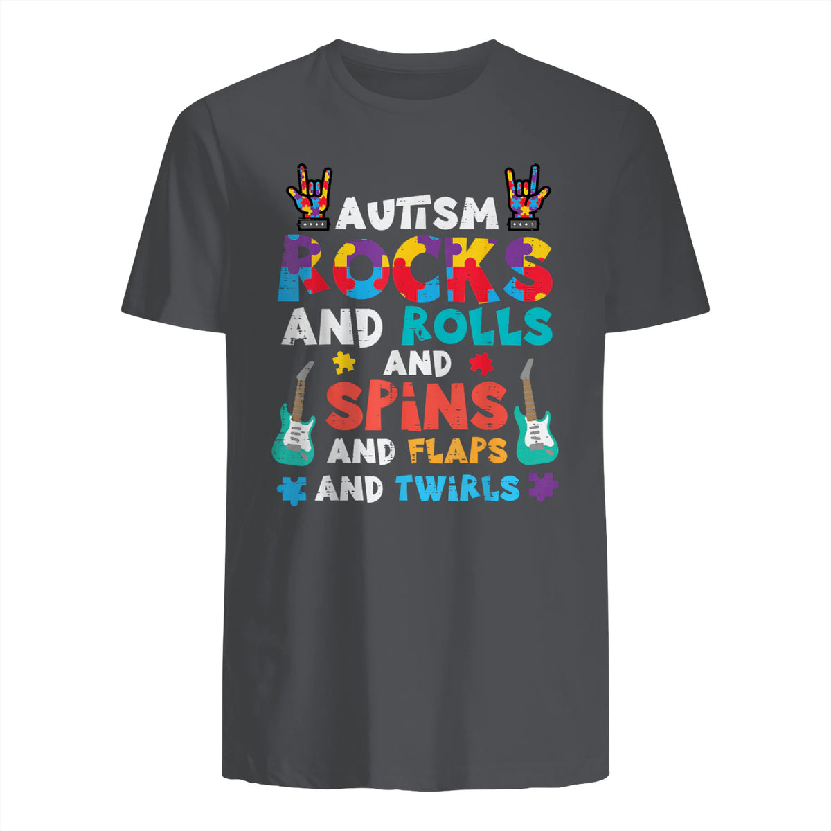Autism Rocks Rolls Spins Flaps Awareness Boys Kids Women Men in Charcoal - back view
