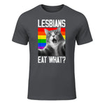 Lesbians Eat What? LGBT Lesbian Girlfriend Funny Cat Gift T-Shirt in Charcoal - front view
