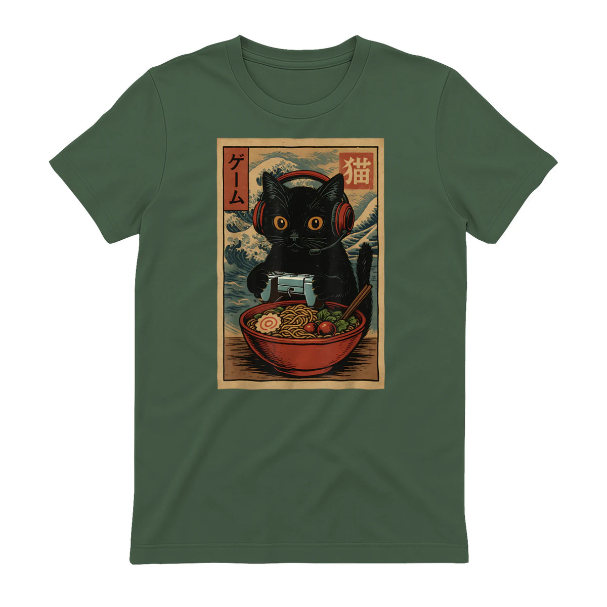 Cute Kawaii Gamer Cat Funny Ramen Retro Japanese Cat Gaming T-Shirt in Military Green - back view