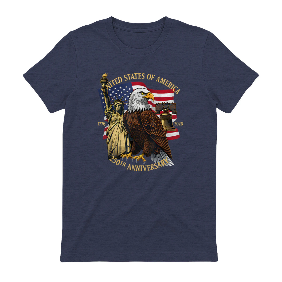 Patriotic Eagle Liberty Bell Anniversary T-Shirt in Heather Navy - back view