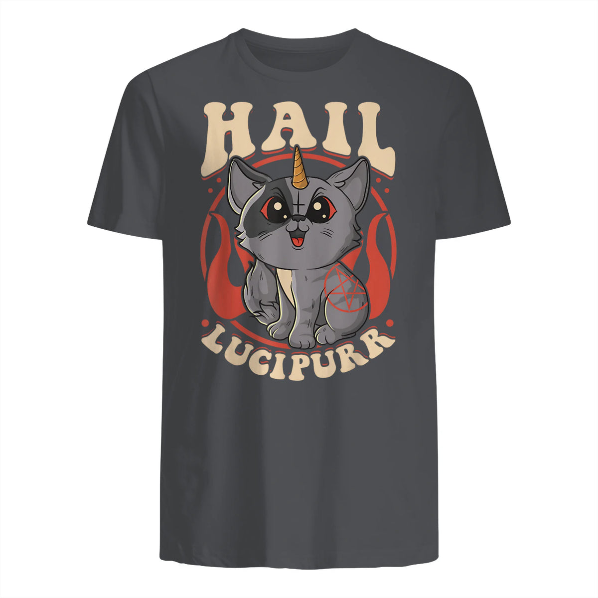 Cute & Funny Satanic Hail Lucipurr Rainbow Kitty Goth in Charcoal - back view