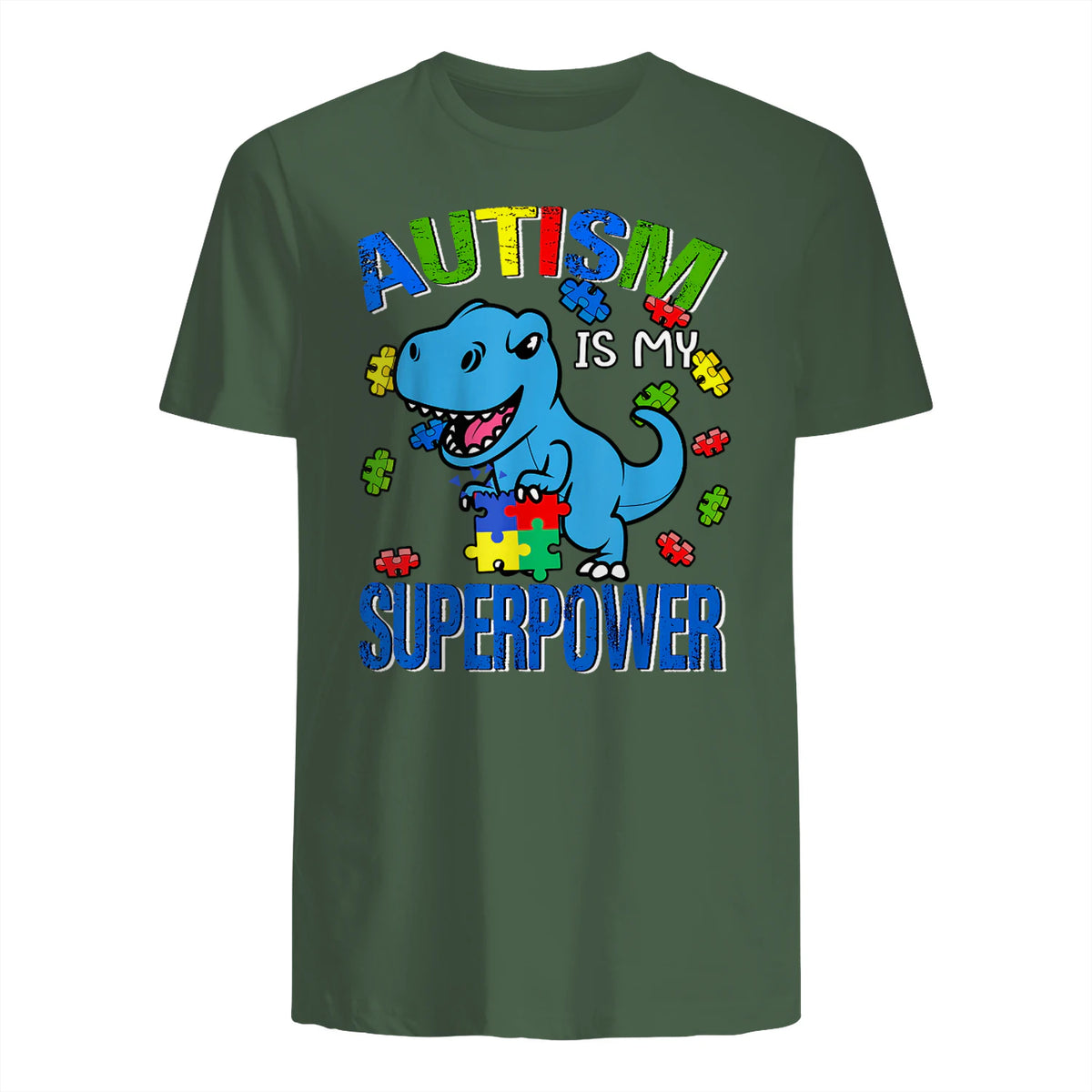 Kids Autism Awareness is My Superpower Boys in Military Green - back view