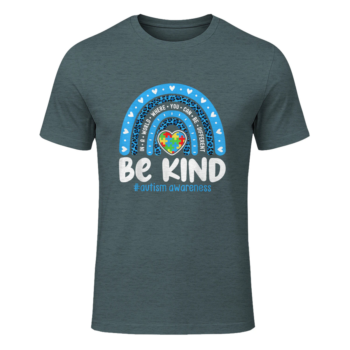 In April We Wear Blue Autism Ribbon T-Shirt in Dark Heather - front view