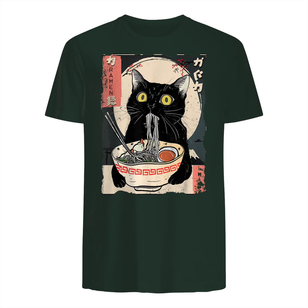 Kawaii Cat Eating Ramen Noodles Funny Anime Gift Girls Teens T-Shirt in Forest Green - back view