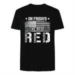 On Friday We Wear Red American Flag Military Supportive T-Shirt in Black - back view
