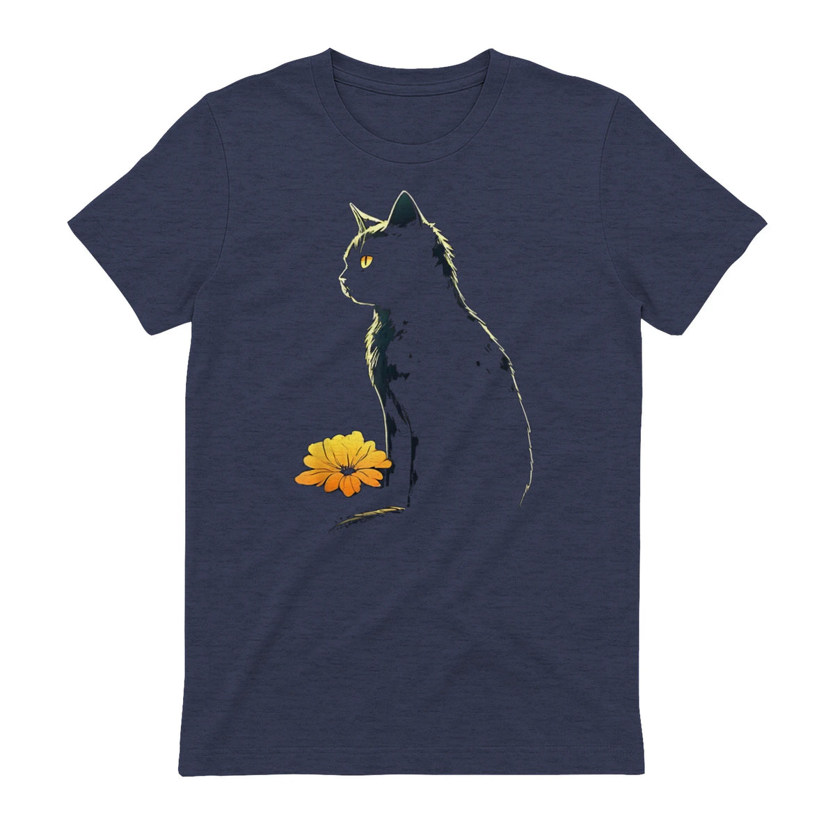 Cat Artwork - Flowers Art Cat Motif Animal Cat T-Shirt in Heather Navy - back view
