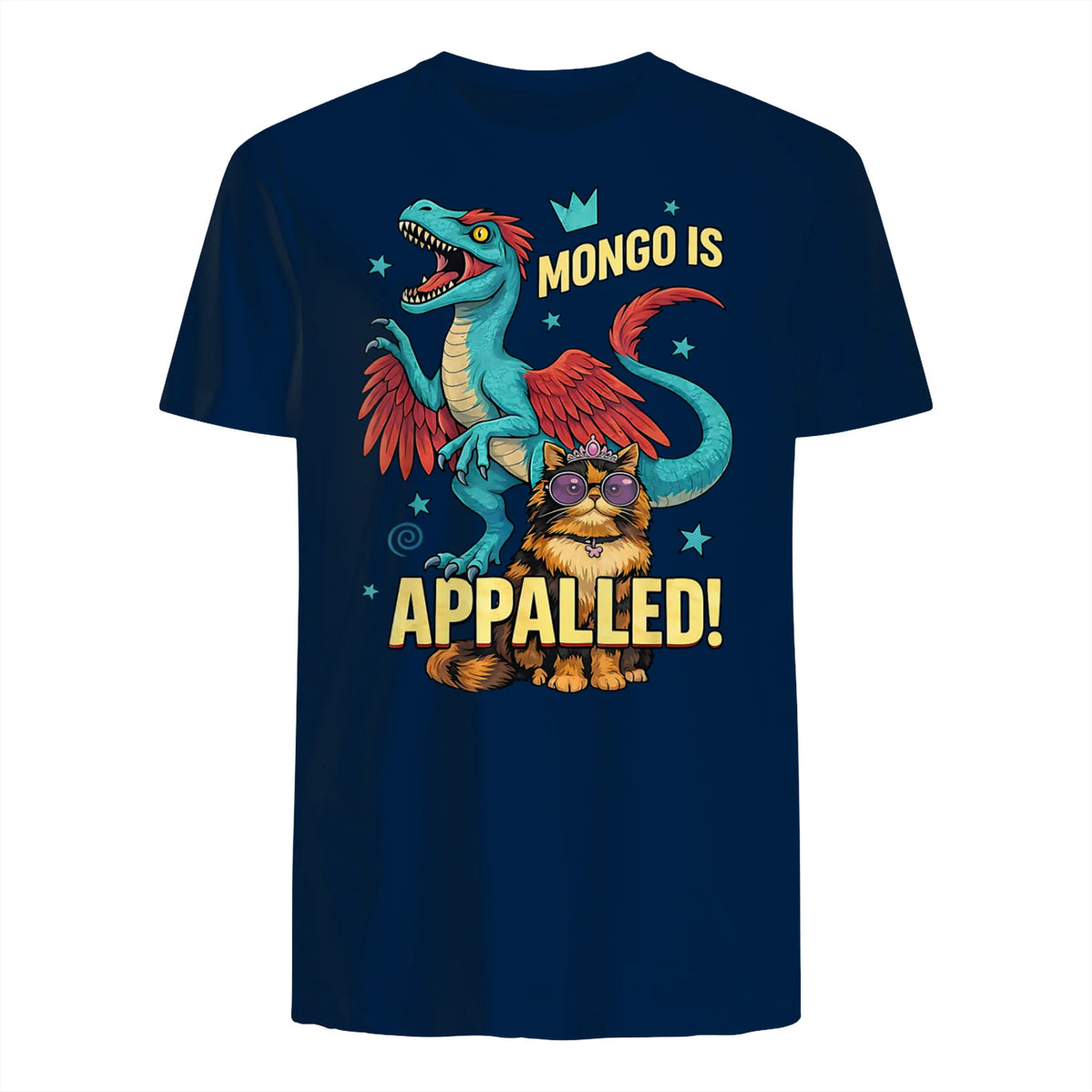 Retro Mongo is Appalled Princess Cat Riding Dinosaur Womens T-Shirt in Navy - back view