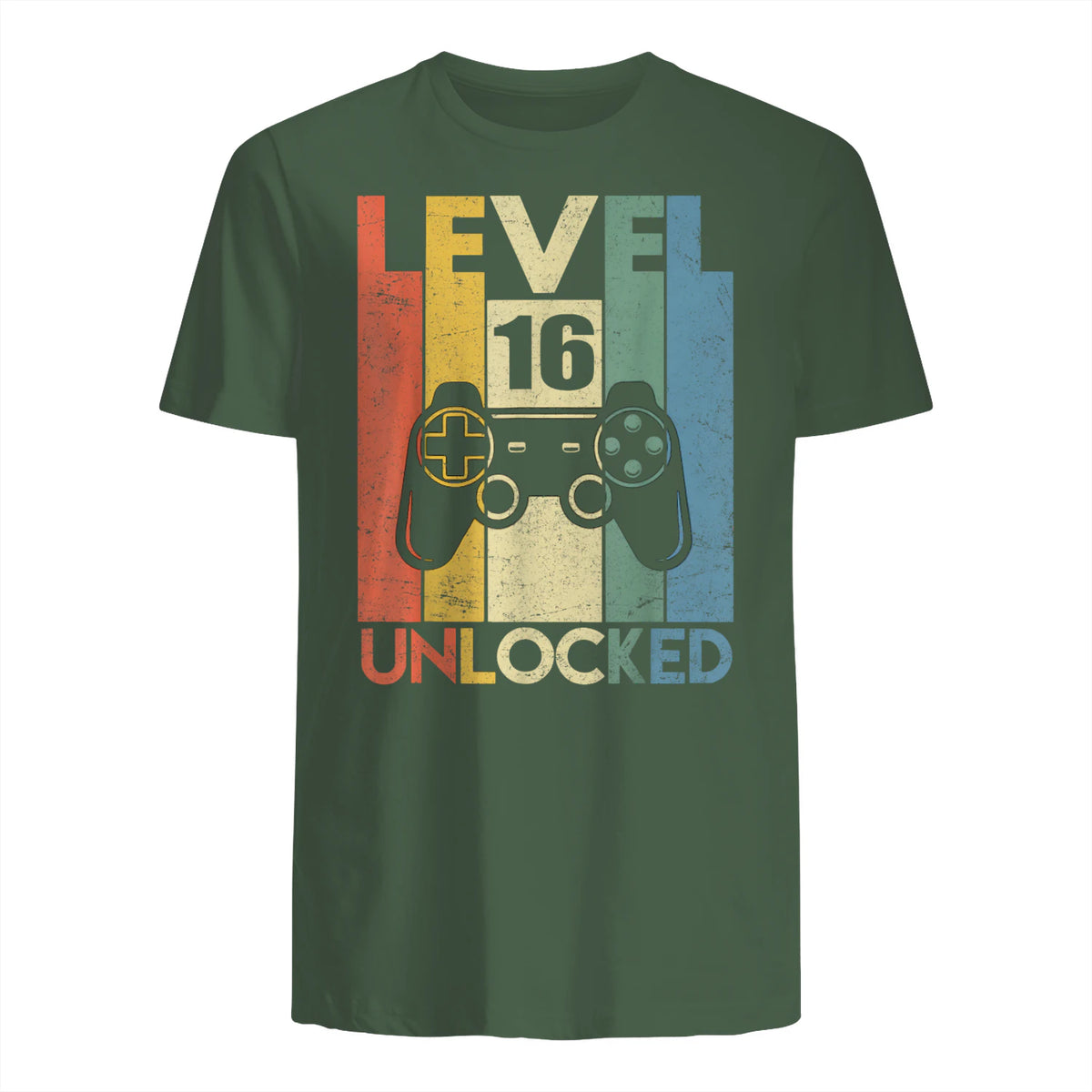 Level Sixteen Unlocked Video Gamer Birthday T-Shirt in Military Green - back view