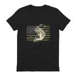 Fishing Camouflage US American Flag Bass Fish Fisherman Camo T-Shirt in Black - back view