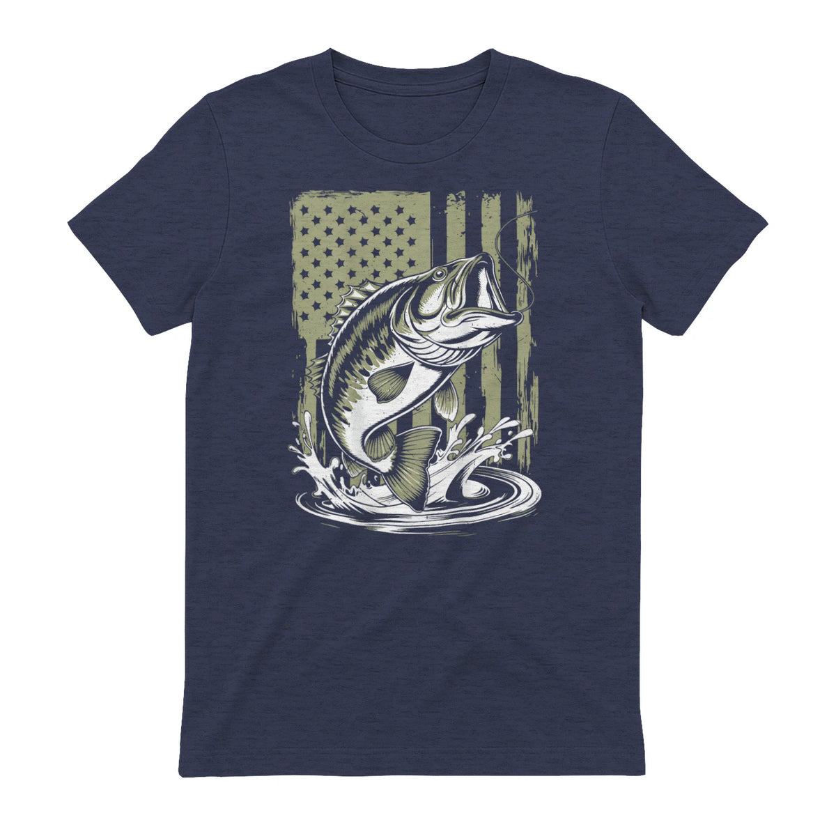 Fishing Camo Bass Fish American Flag Men's Fisherman Gift T-Shirt in Heather Navy - back view