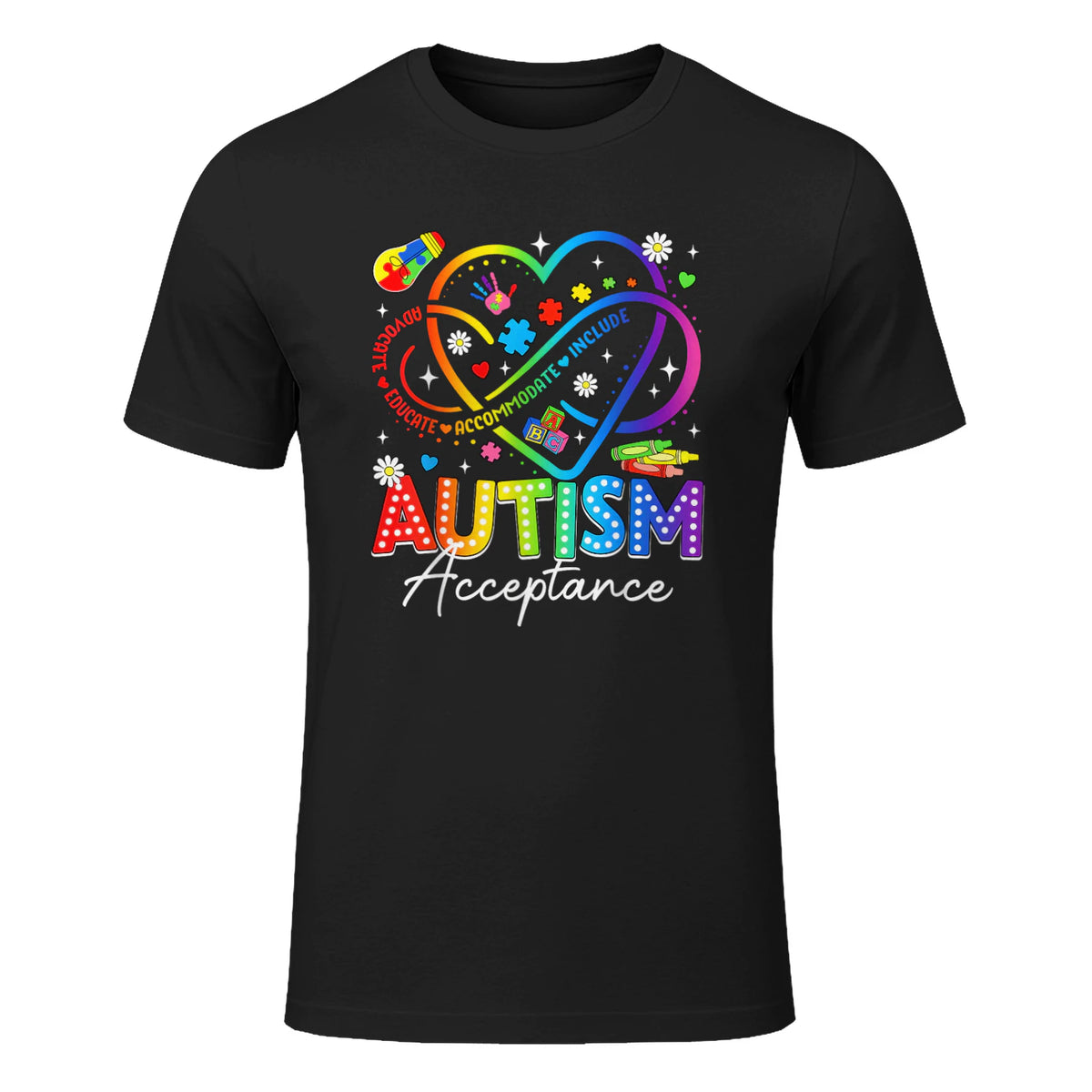 Autism Awareness Acceptance Heart Infinity Symbol Men Women in Black - front view