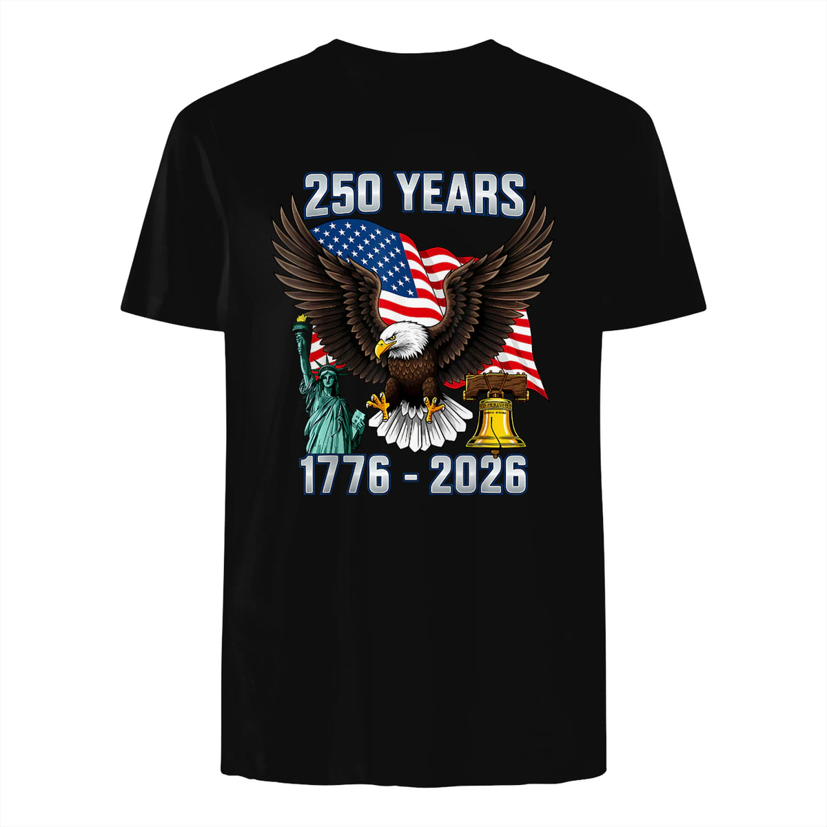 American Flag Fourth of July Anniversary T-Shirt in Black - back view