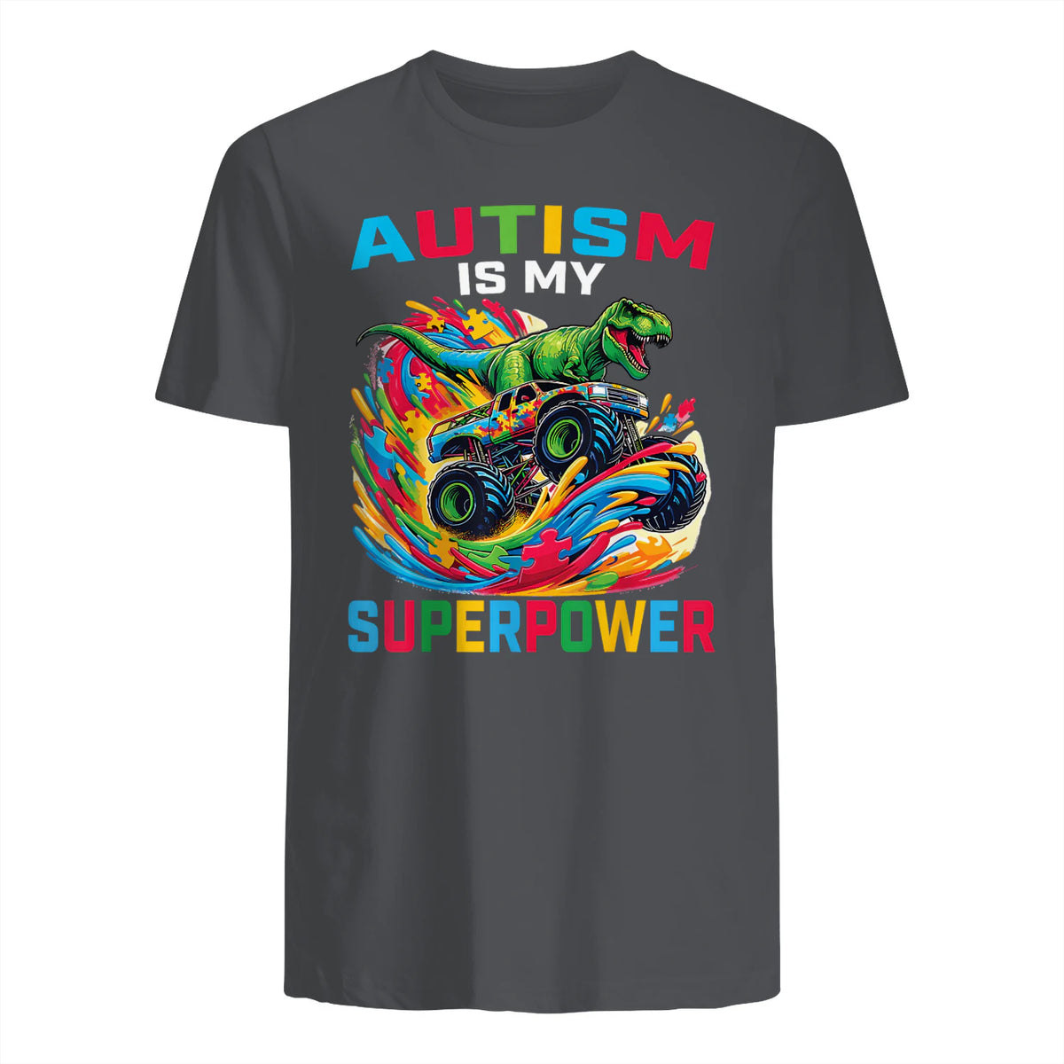 Autism is My Superpower Dino T Rex Monster Truck Kids Boys in Charcoal - back view