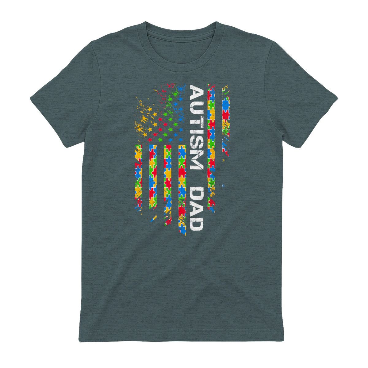 Autism Dad Awareness American Flag USA T-Shirt in Dark Heather - back view