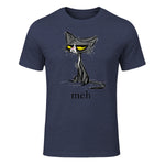 Funny Meh Cat Gift for Cat Lovers in Heather Navy - front view