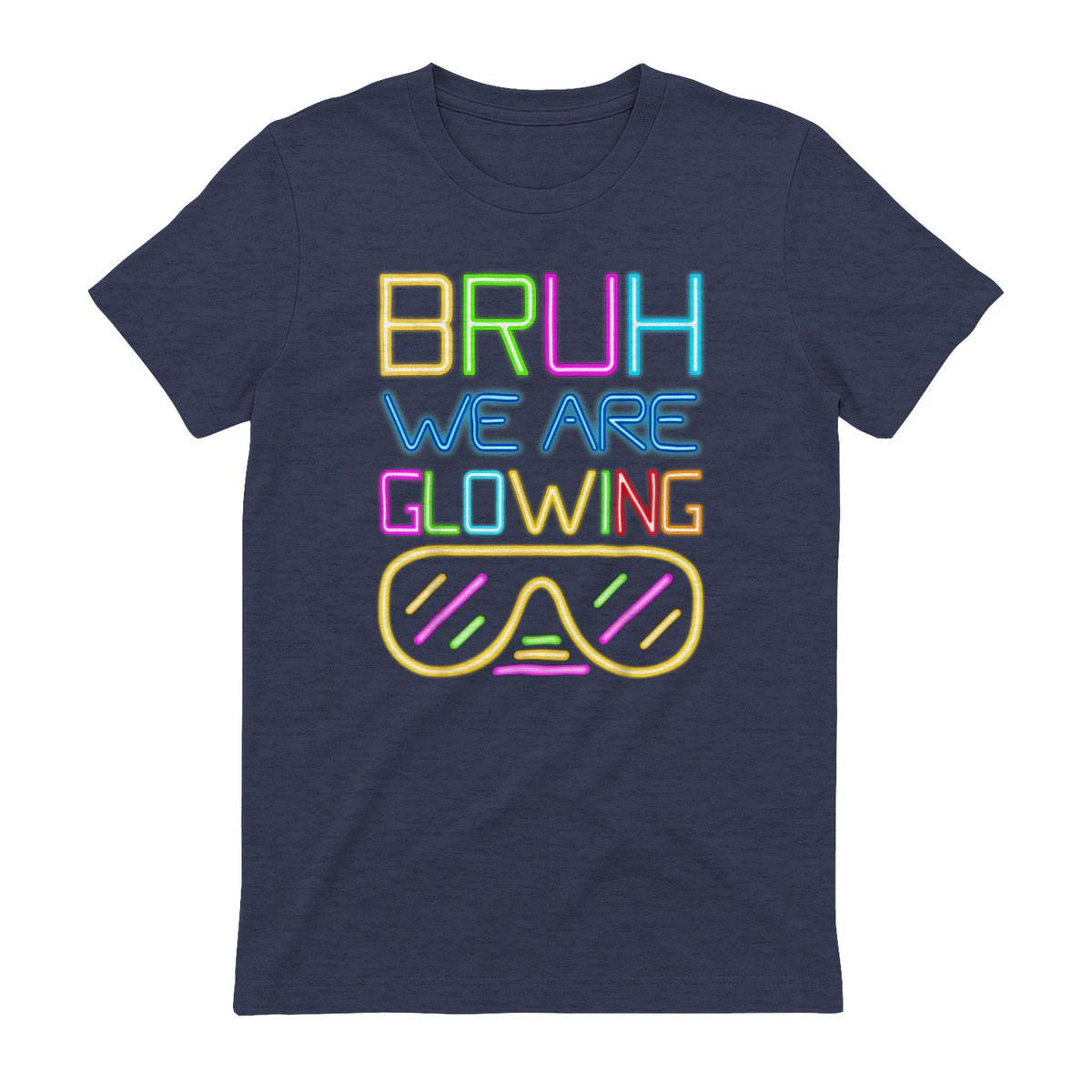 Bruh We are Glowing in My Glowing Era Hello Summer Vacation T-Shirt in Heather Navy - back view