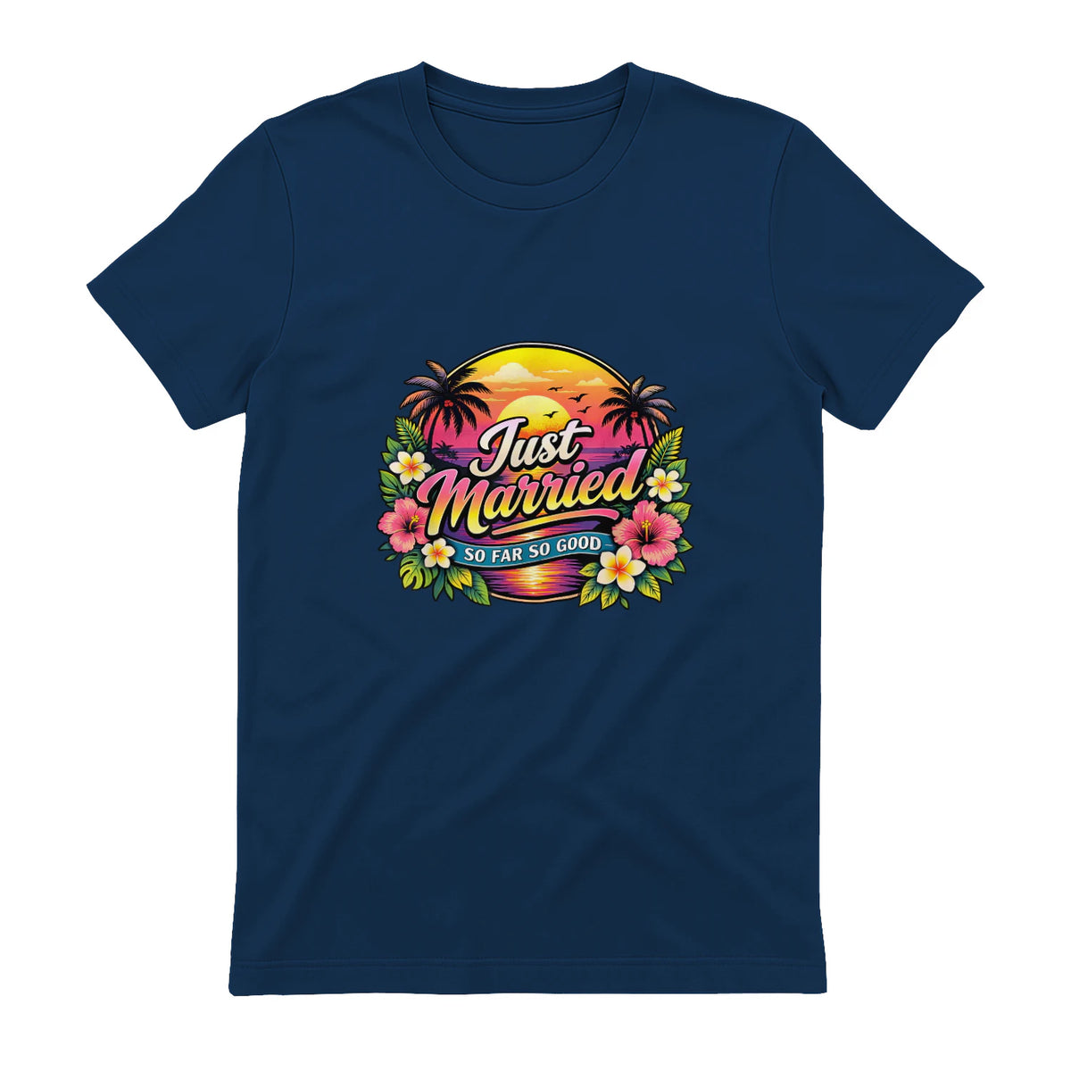 Couple de Jeunes mariés drôle Just Married Tropical Honeymoon in Navy - back view