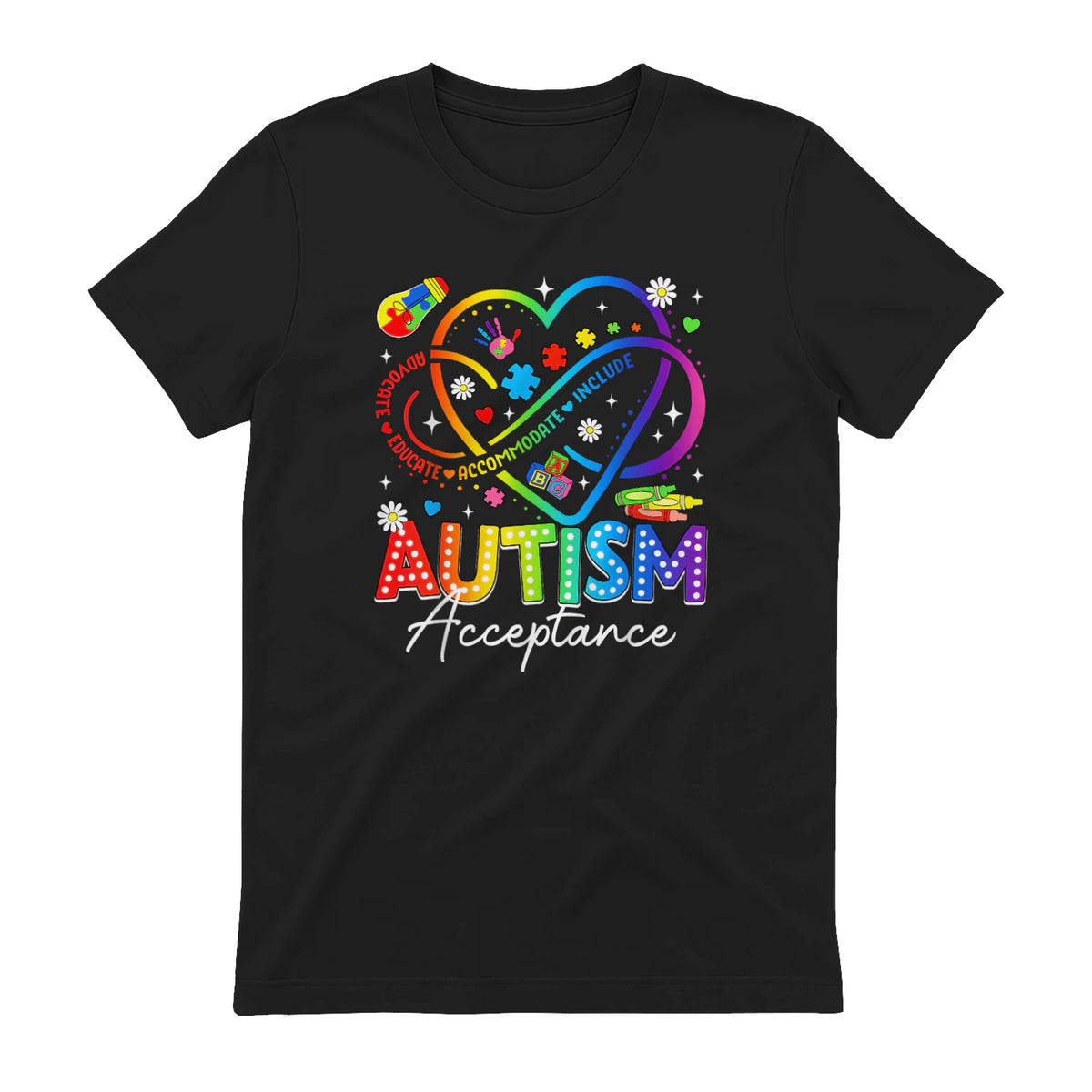 Autism Awareness Acceptance Heart Infinity Symbol Men Women in Black - back view
