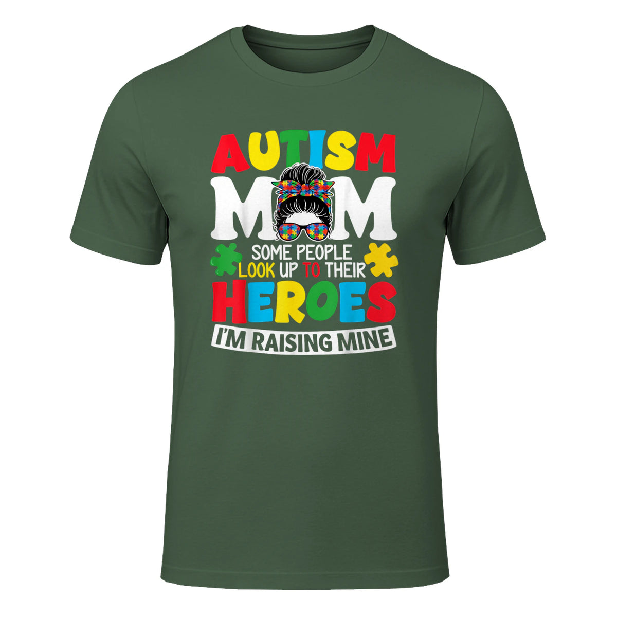 Autism Mom Raising Hero Messy Bun Autism Awareness in Military Green - front view