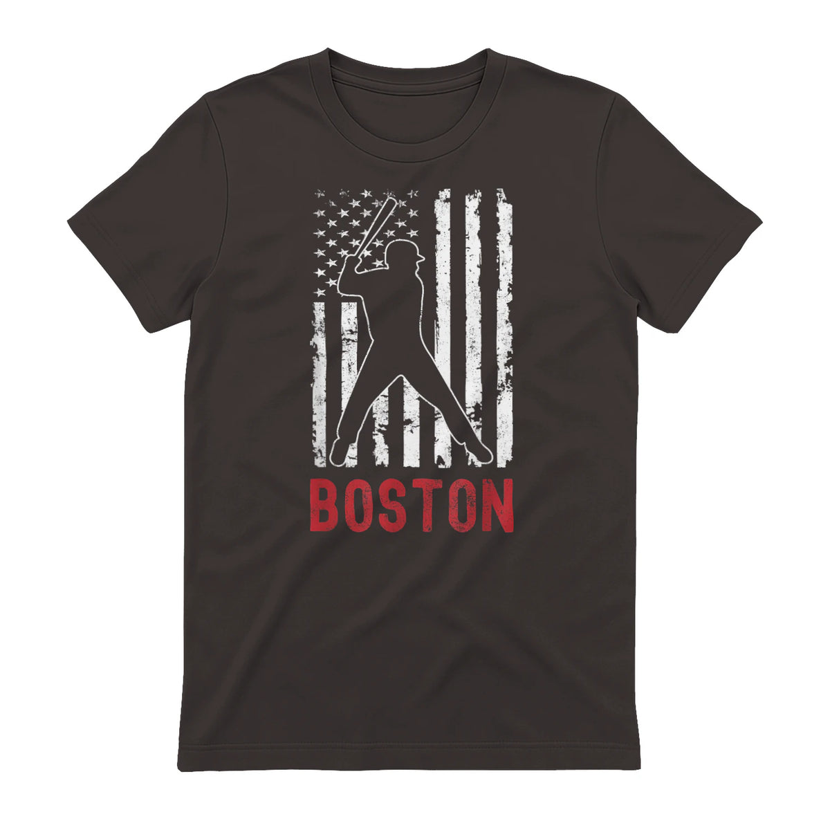 Boston Massachusetts American Flag Baseball Weathered T-Shirt in Dark Chocolate - back view