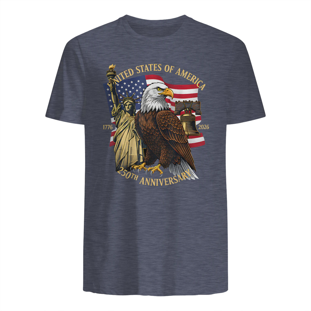 Patriotic Eagle Liberty Bell Anniversary T-Shirt in Heather Navy - back view