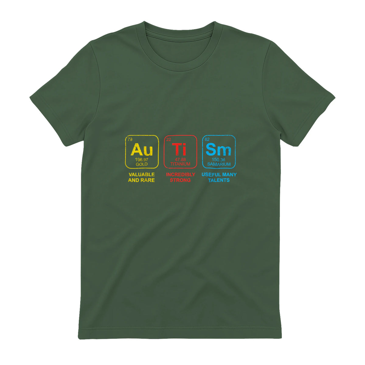 Autism Awareness Periodic Table ASD T-Shirt in Military Green - back view