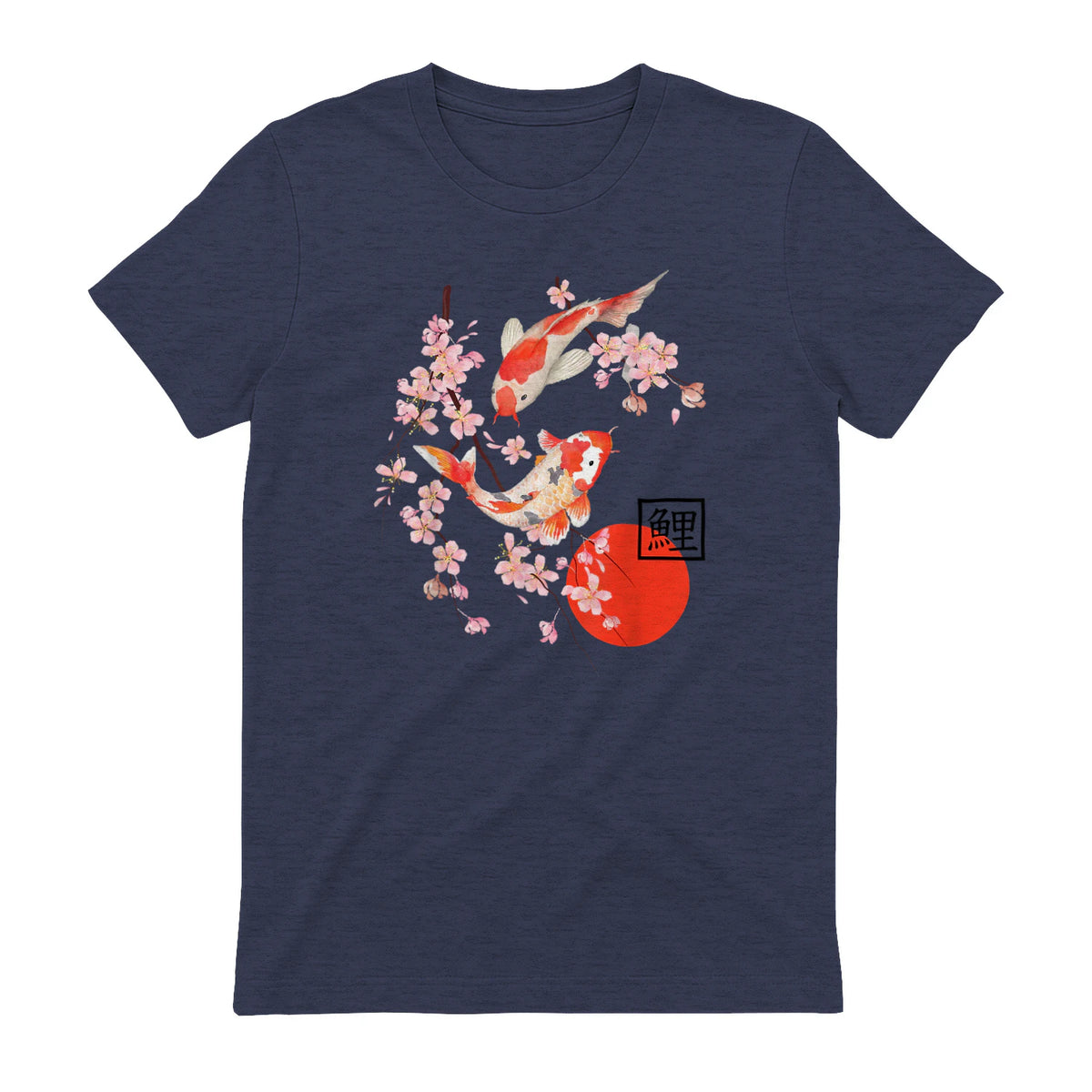 Cherry Blossom Koi Carpe Fish Japanese Sakura Art Graphique in Heather Navy - back view