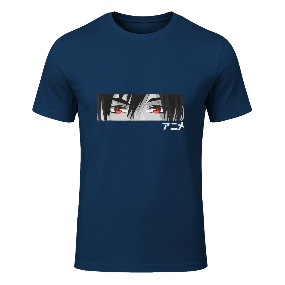 Anime in Japanese Characters Kawaii Eyes Face Short Sleeve in Navy - front view
