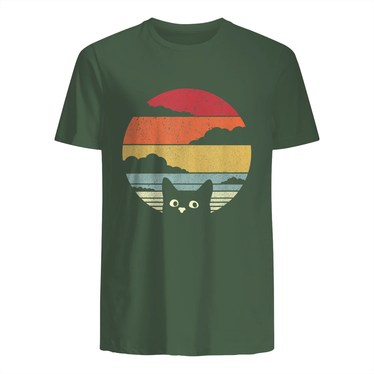 Pack A Punch Women's Retro Cat Graphic T-Shirt - Black, Short Sleev in Military Green - back view