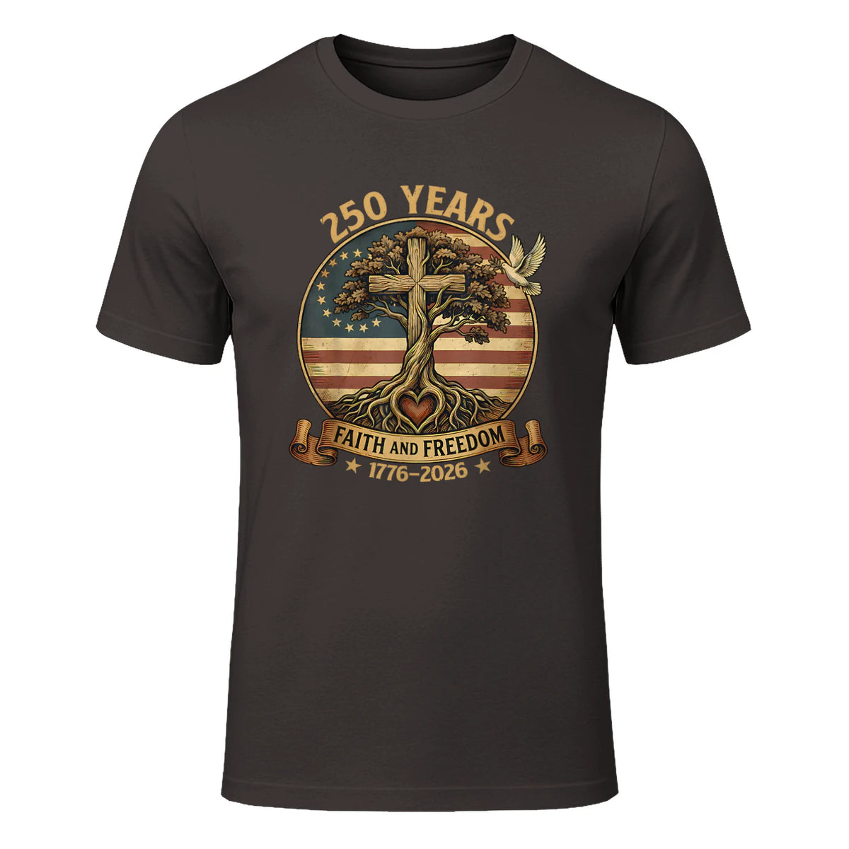 Faith and Freedom Christian USA Anniversary T-Shirt in Dark Chocolate - front view